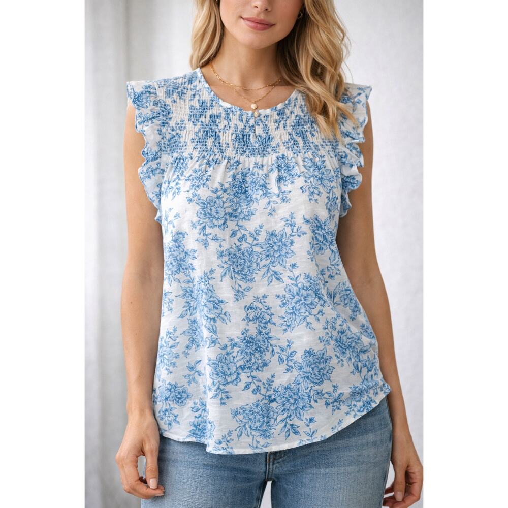 Saks OFF 5TH Blue Floral Smocked Blouse Medium